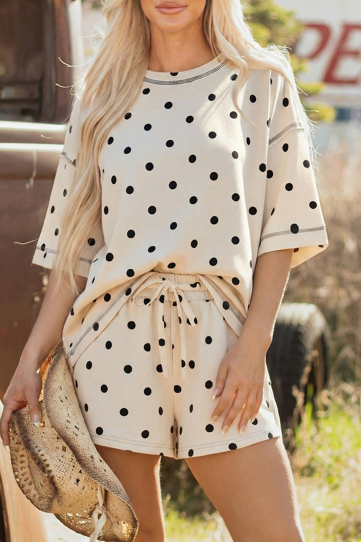 White Exposed Seam Detail Polka Dot Loose Tee Drawstring Shorts Set