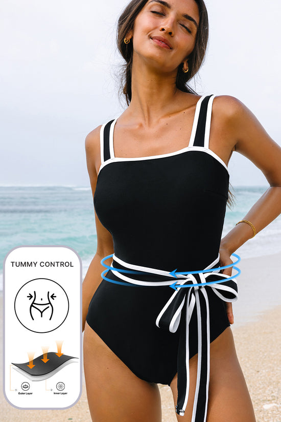 Black Colorblock Edge Belted One Piece Swimsuit