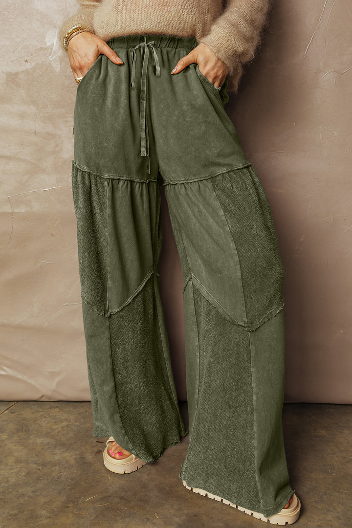Vineyard Green Mineral Wash Tiered Wide Leg Patchwork Drawstring Pants