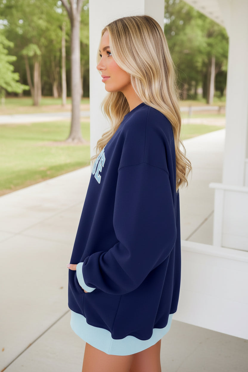 Pink Colorblock Trim Crewneck Long Sleeve Pullover Sweatshirt