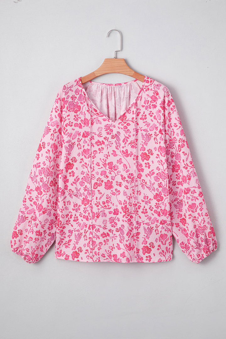 Pink Floral Puff Sleeve Split Neck Lightweight Blouse