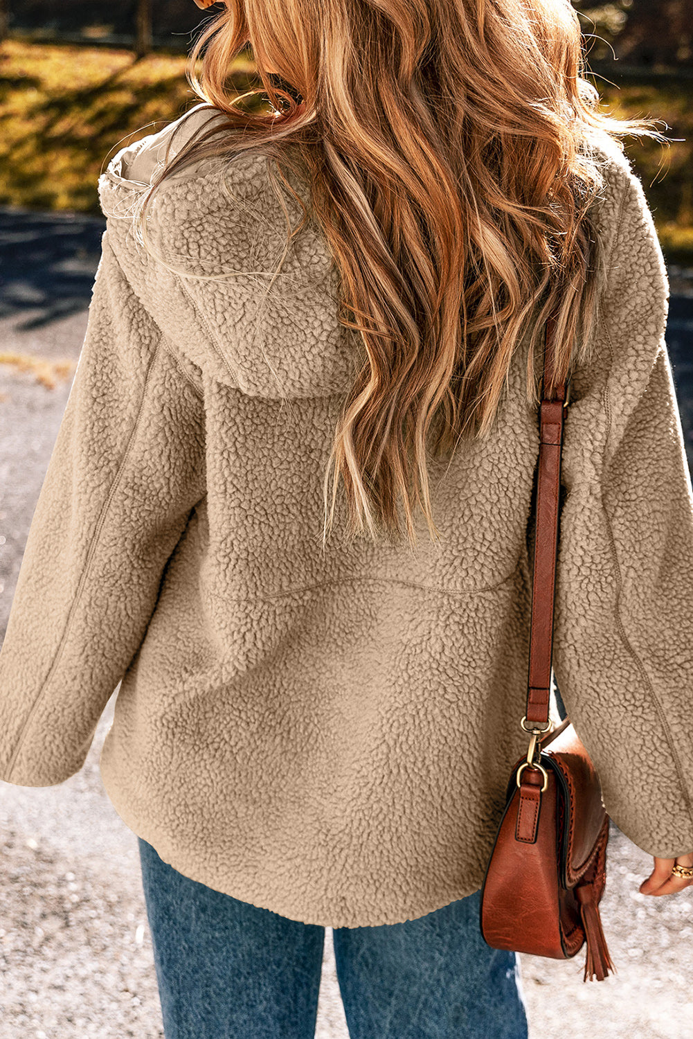 Beige Fleece Zip Up Drawstring Hooded Pocketed Jacket
