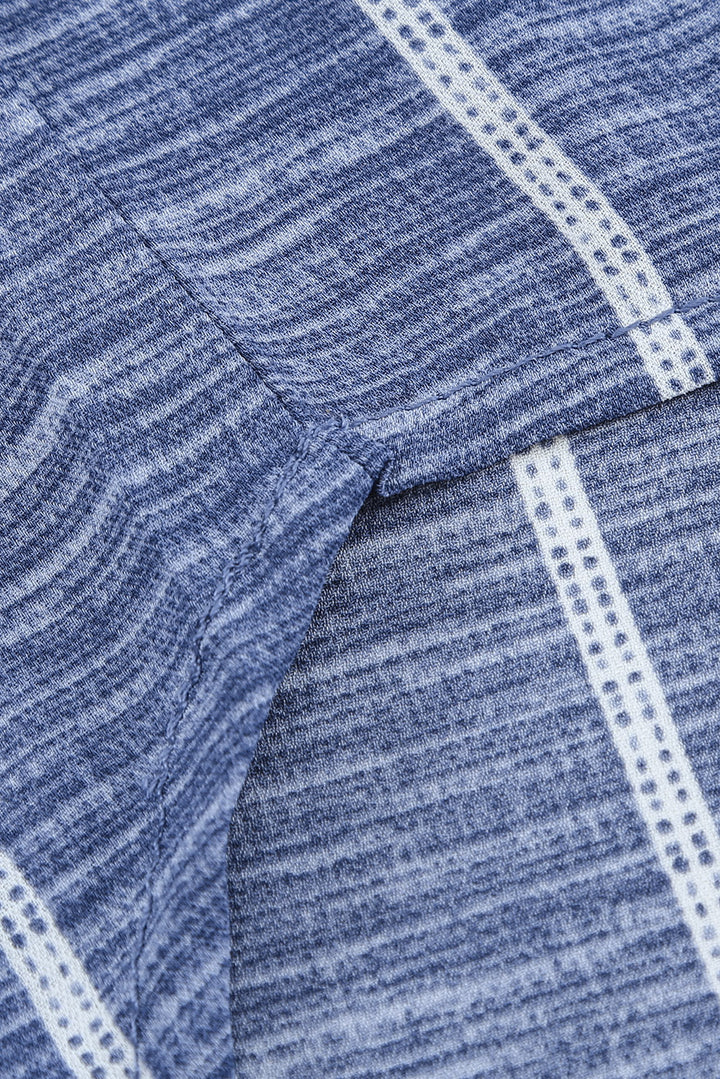 Blue Striped Print V Neck Half Buttons Loose Blouse