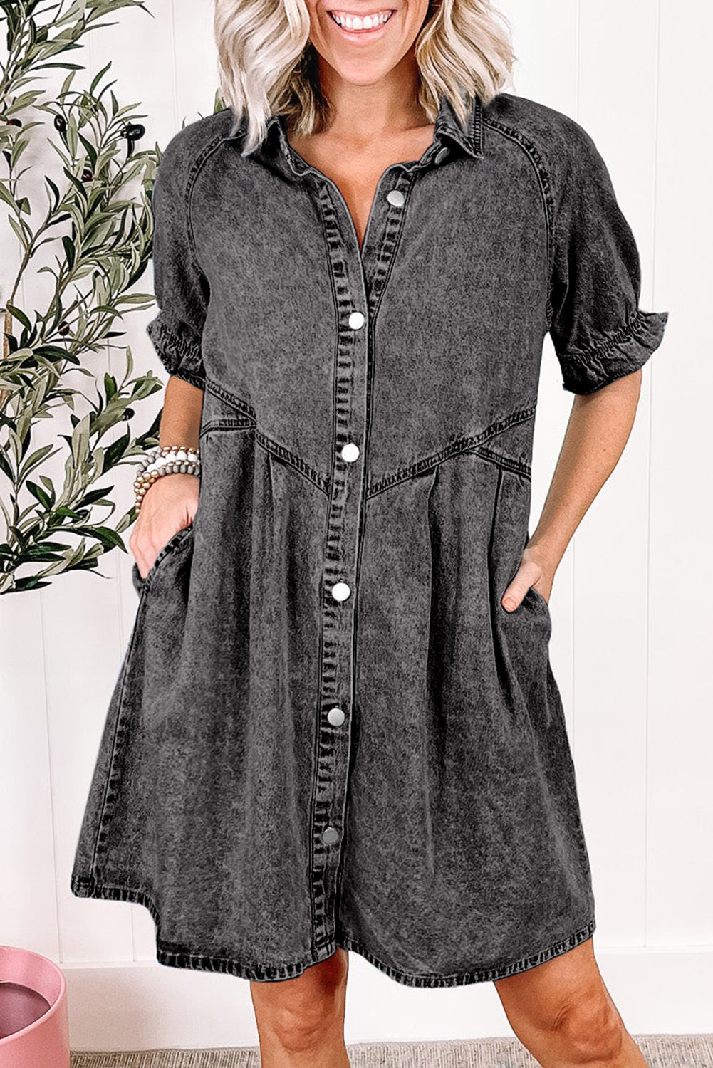 Medium Grey Mineral Wash Ruffled Short Sleeve Buttoned Denim Dress  | Women