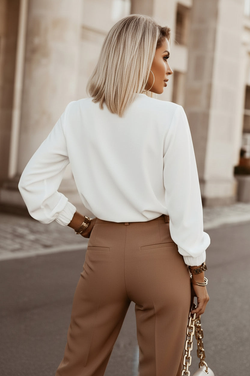 Khaki Crew Neck Gathered Stretch Cuff Shirt