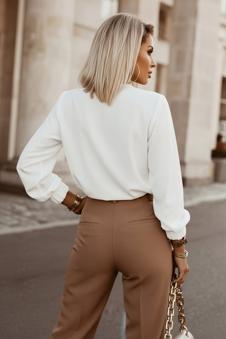 Khaki Crew Neck Gathered Stretch Cuff Shirt