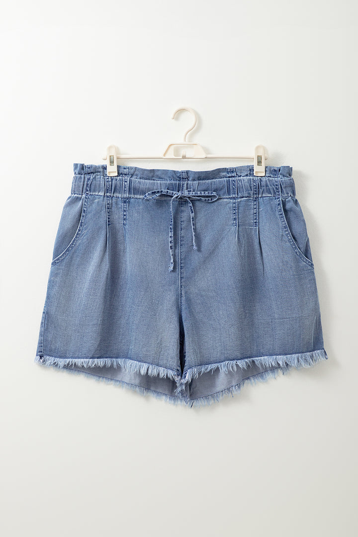 Dusk Blue Raw Hem Lace-up High Waist Plus Size Denim Shorts