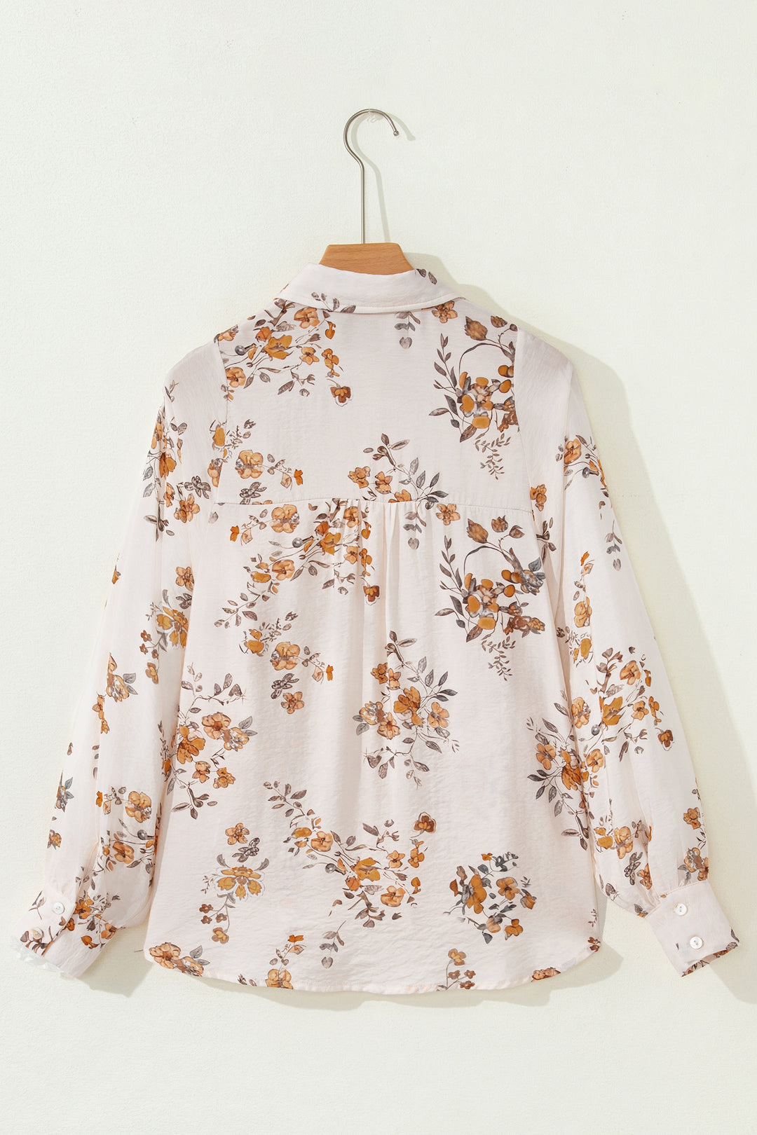Apricot Floral Printed Silky Button Up Long Sleeve Shirt