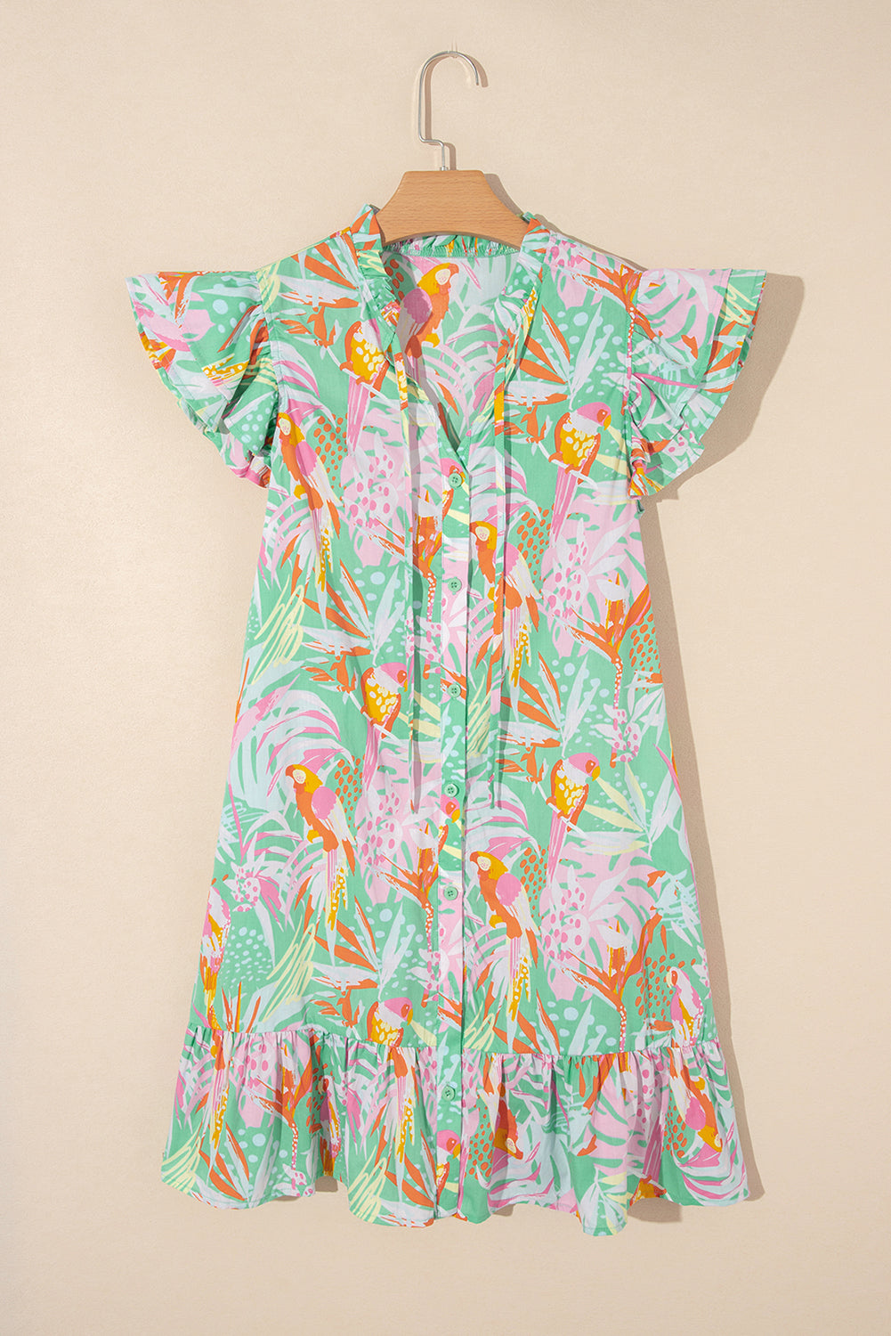 Green 100% Cotton Abstract Floral Ruffle Trim Flutter Sleeve Buttoned Dress