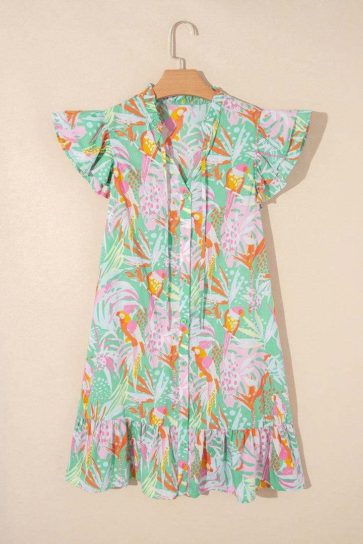 Green 100% Cotton Abstract Floral Ruffle Trim Flutter Sleeve Buttoned Dress