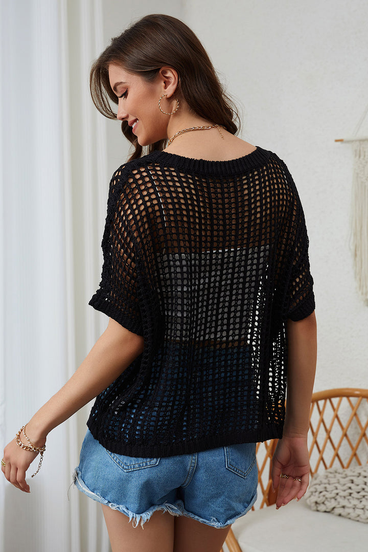 Black Fishnet Knit Ribbed Round Neck Short Sleeve Sweater Tee