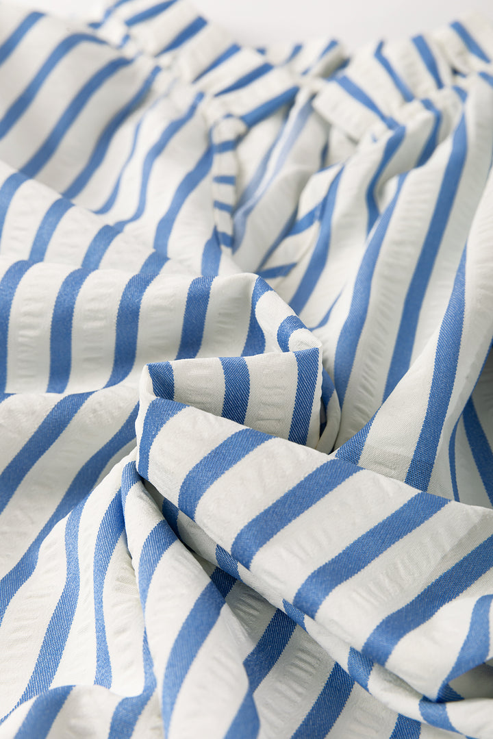 Sky Blue Stripe Knotted Bracelet Sleeve Notched Neck Shift Mini Dress
