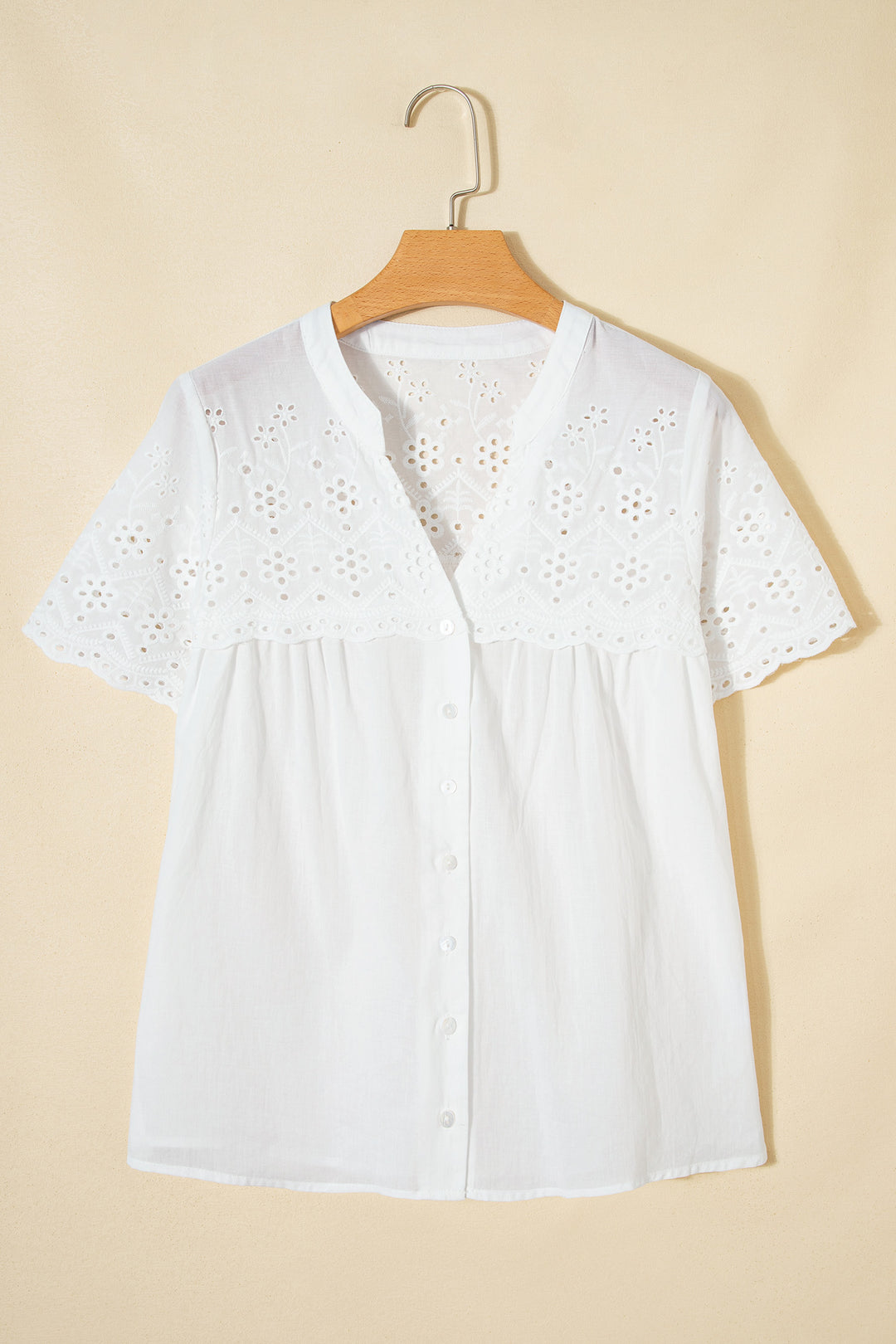 White Flower Eyelet Embroidered Patchwork Sheer Short Sleeve Cotton Shirt