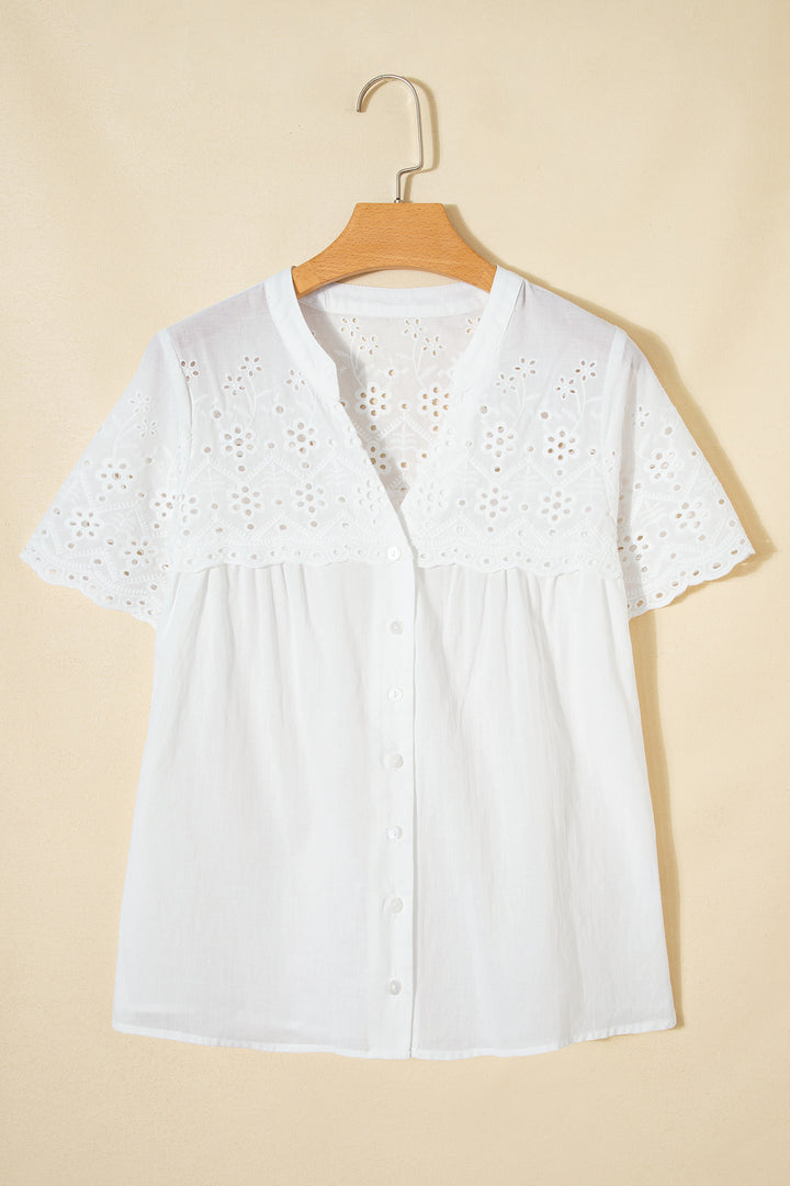 White Flower Eyelet Embroidered Patchwork Sheer Short Sleeve Cotton Shirt