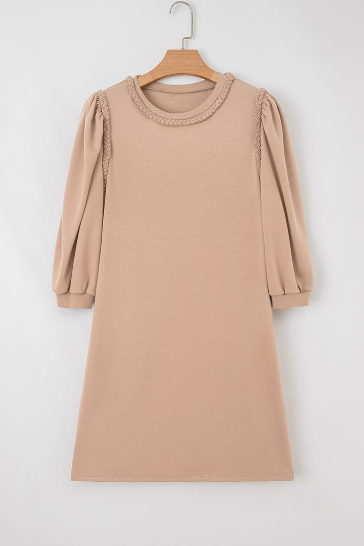Light French Beige Braided Trim Puff Sleeve Dress