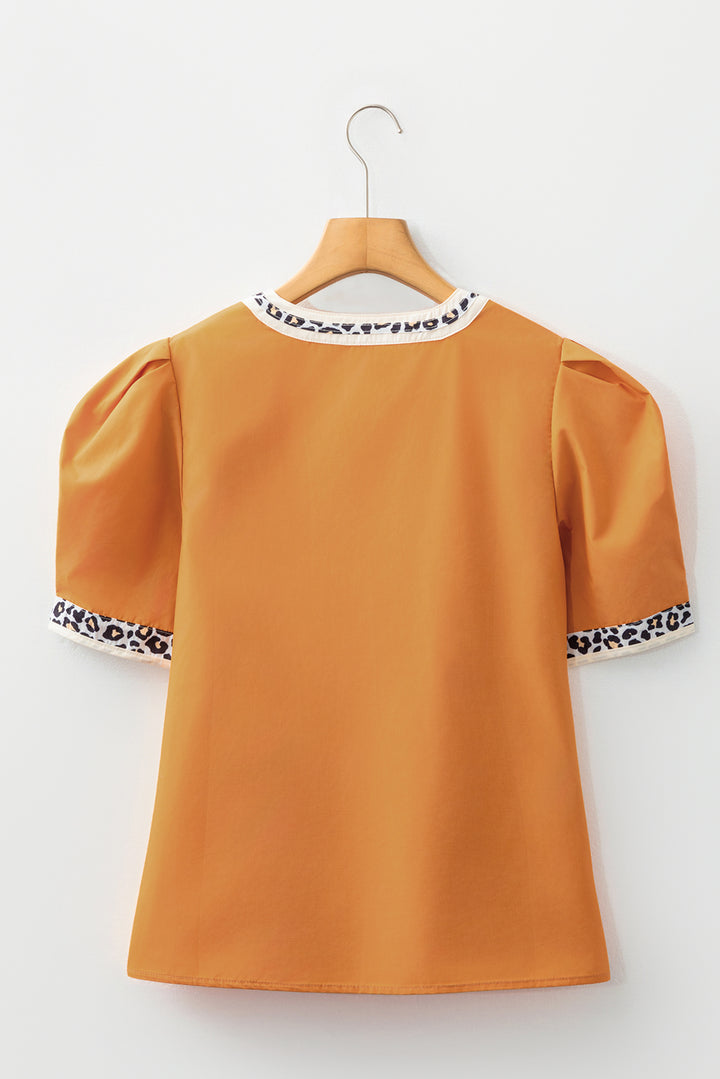 Buckskin Contrast Leopard Trim Split Neck Puff Sleeve Blouse