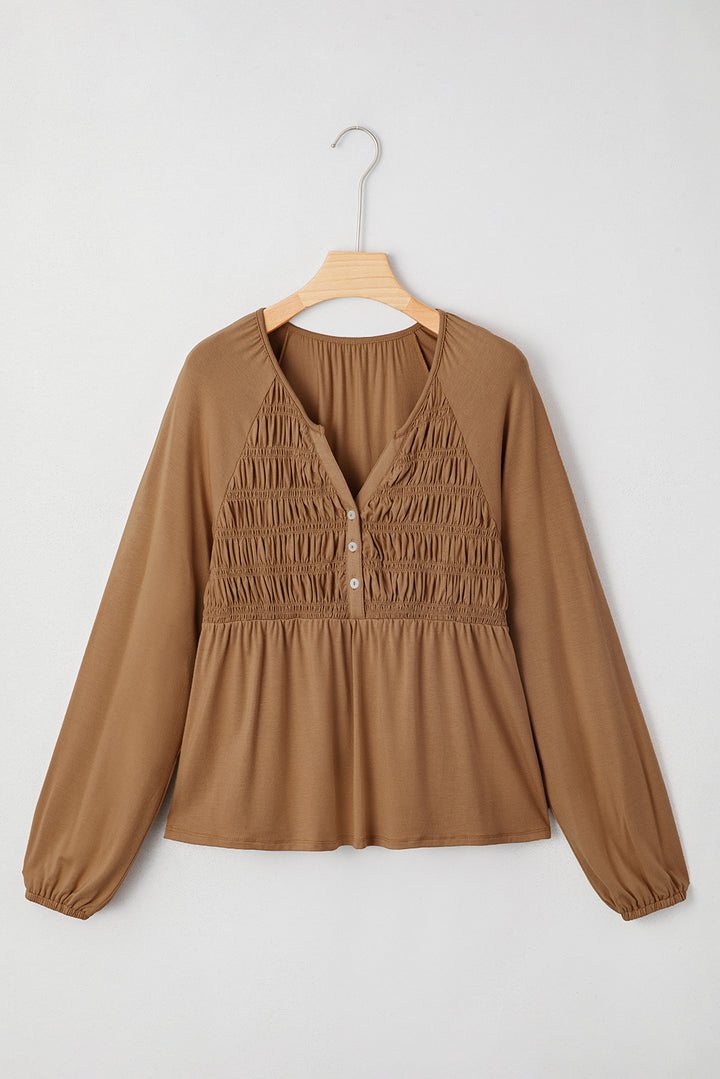 Cinnamon Smocked Bust Buttoned Split V Neck Flowy Blouse