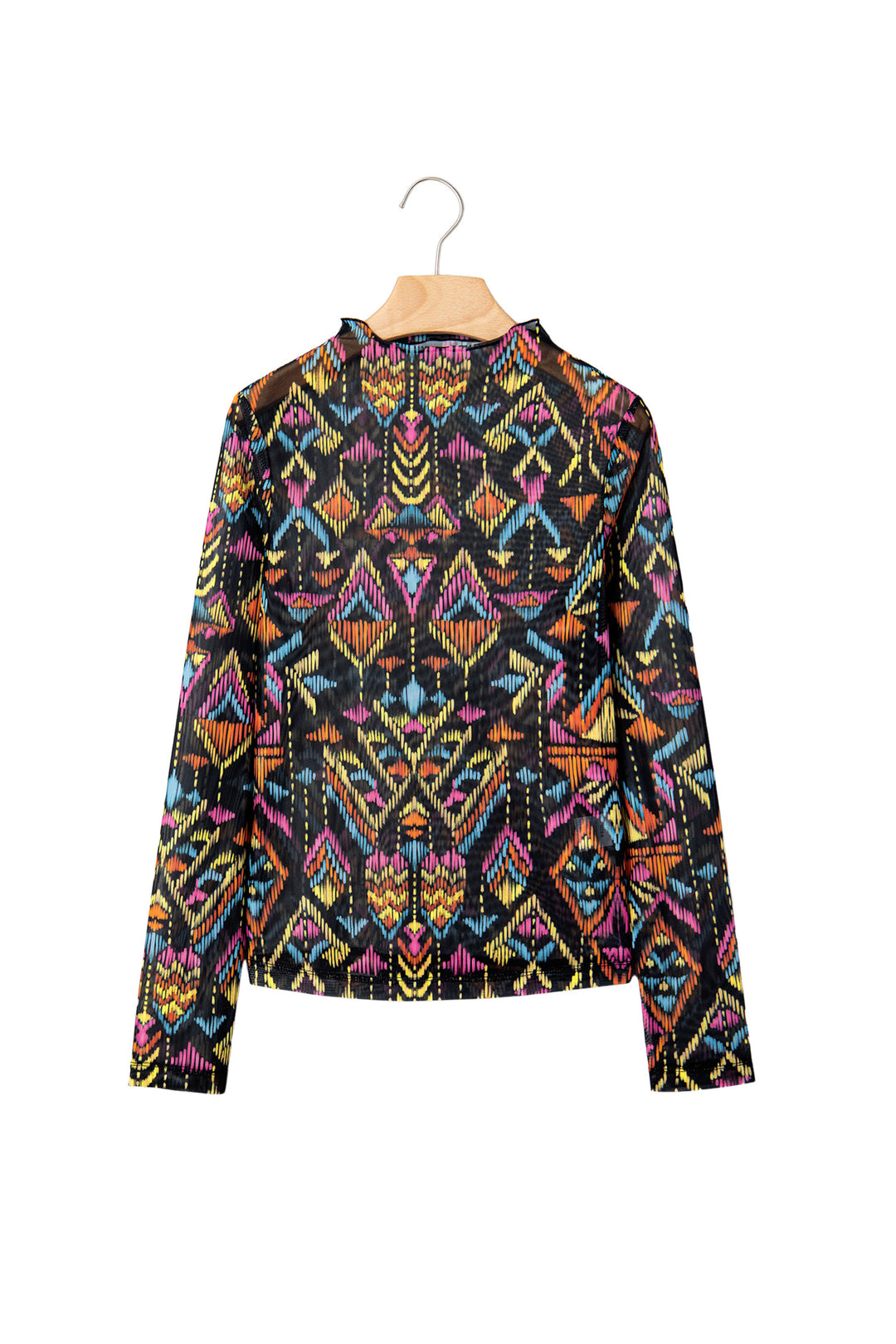 Color black Abstract Print Long Sleeve Stand Neck Mesh Top