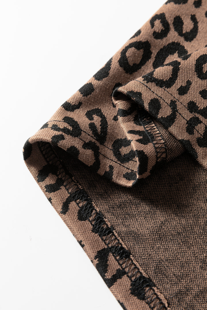 Khaki Leopard Print Quarter Zip Long Sleeve Top Mini Skirt Set