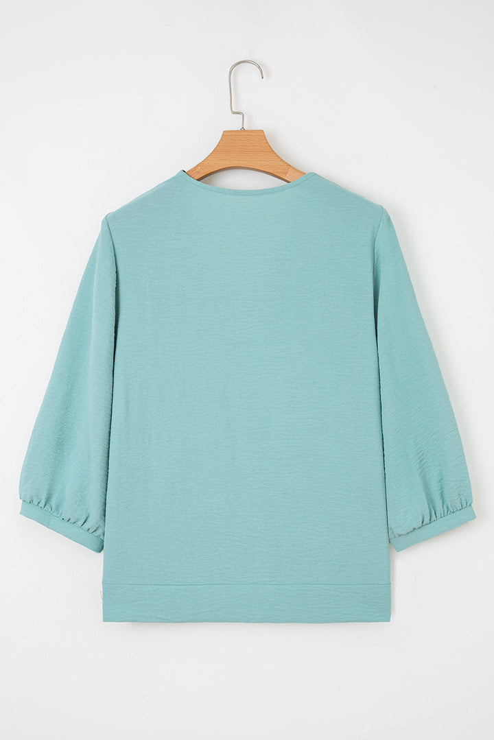 Moonlight Jade Frilled V Neckline Bracelet Sleeve Crinkled Blouse
