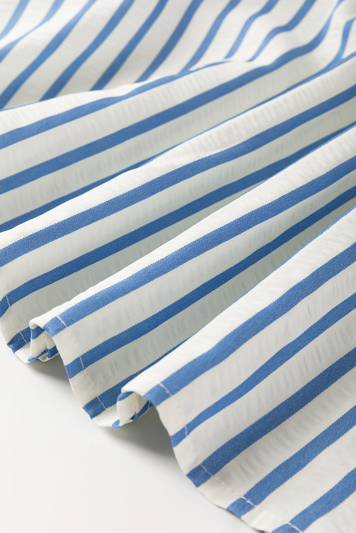 Sky Blue Stripe Knotted Bracelet Sleeve Notched Neck Shift Mini Dress