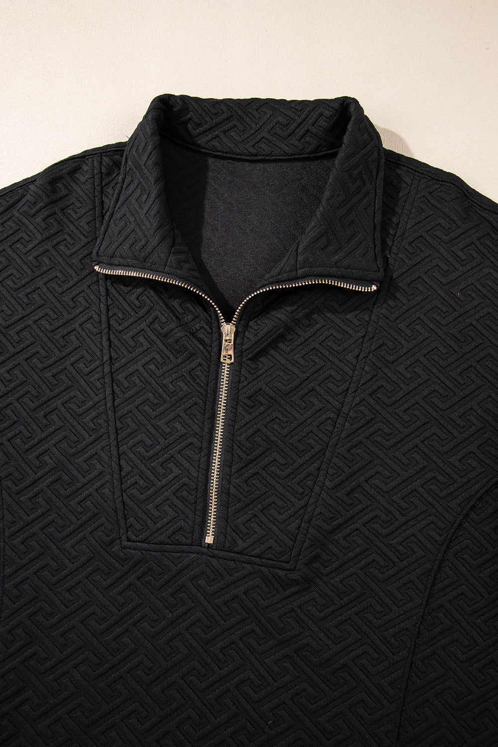 Black Solid Textured Half Zipper Collared Sweatshirt