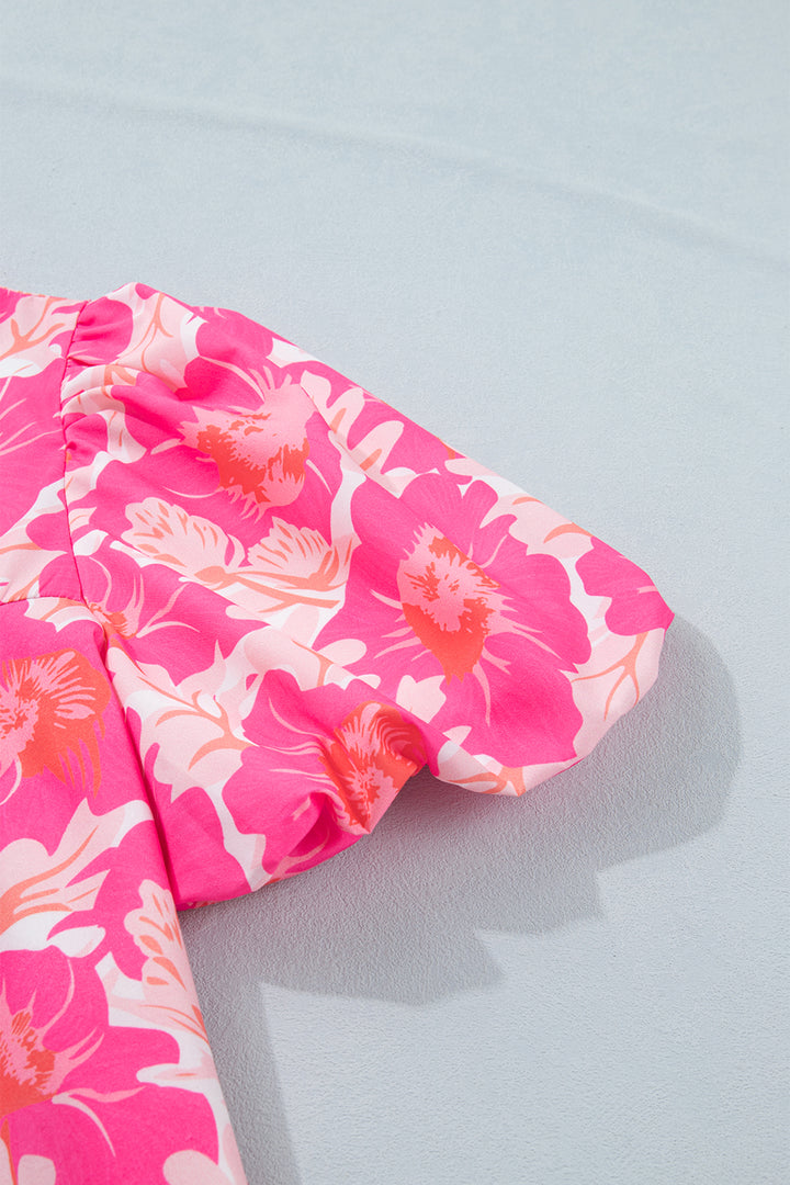 Pink Short Bubble Sleeve Summer Floral Blouse