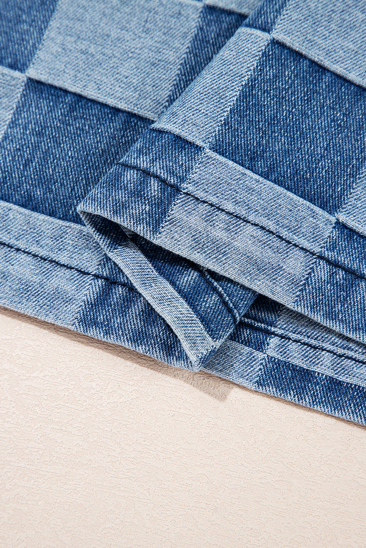 Sky Blue Checkerboard Oversized Zipped Neck Kangaroo Pocket Denim Hoodie