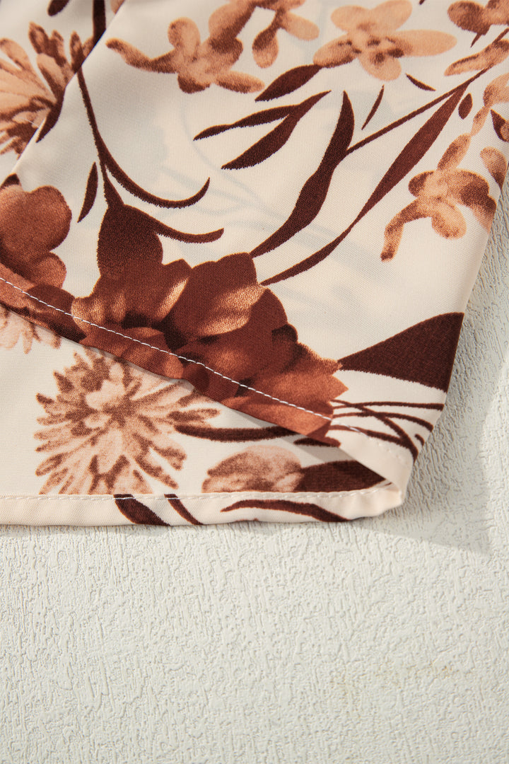 Brown Floral Print Button Down Poet Sleeve Shirt