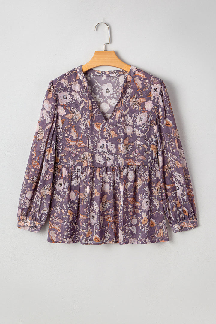 Blue Boho Flower Print 3/4 Sleeve Babydoll Blouse