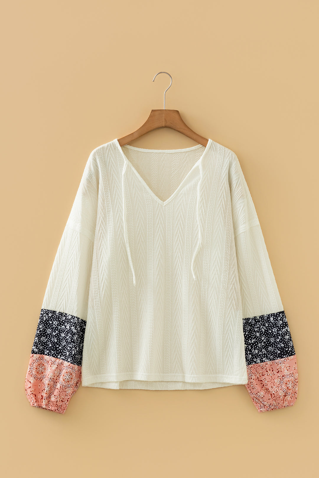 White Floral Patchwork Textured Knit Drawstring V Neck Blouse