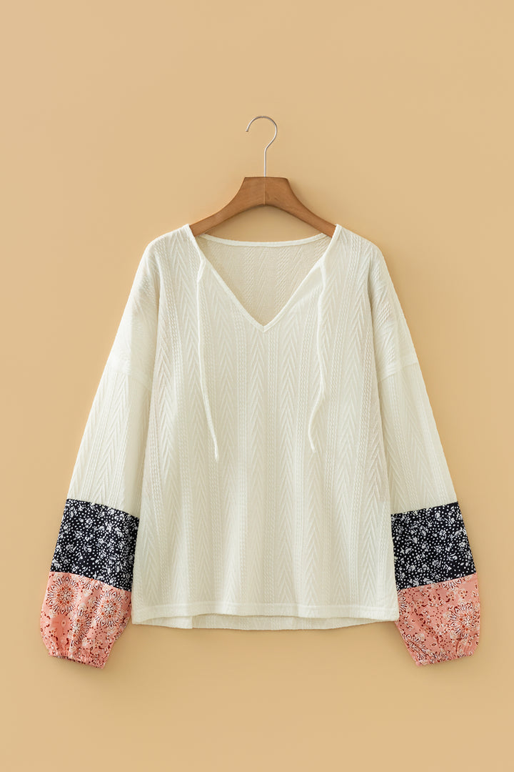White Floral Patchwork Textured Knit Drawstring V Neck Blouse