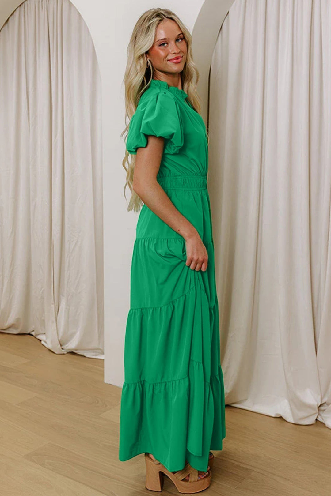 Clearly Aqua Solid Color V Neck Short Puff Sleeve High Waist Tiered Maxi Dress