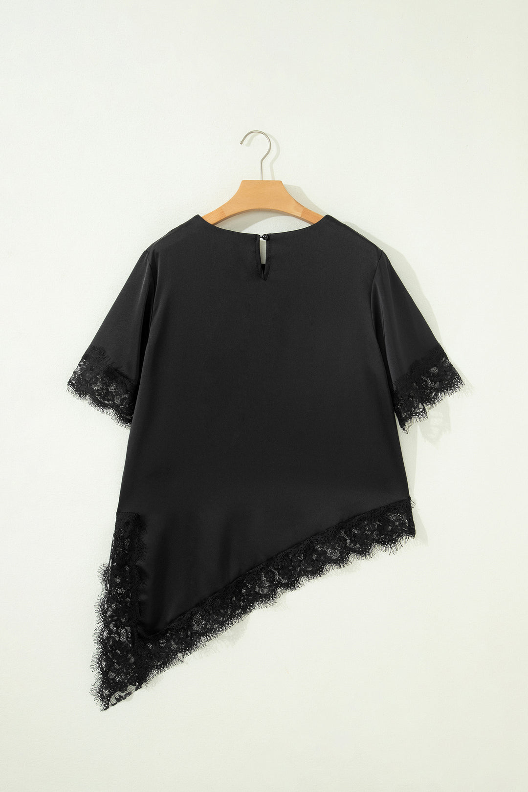 Black Asymmetric Lace Trim Short Sleeve Satin Top