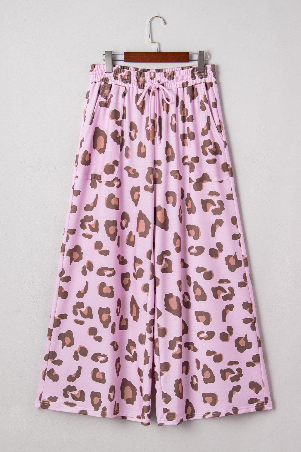 Pink Drawstring Leopard Print Patch Pocket Loose Pants