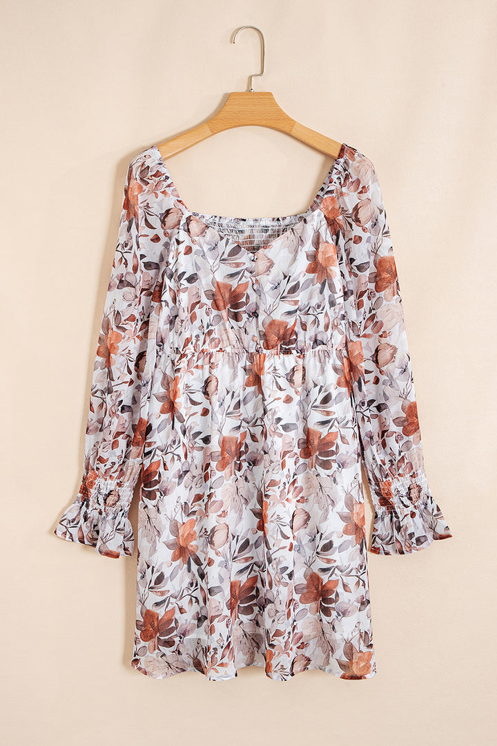 White Floral Print Sweetheart Neck Long Sleeve High Waist Mini Dress