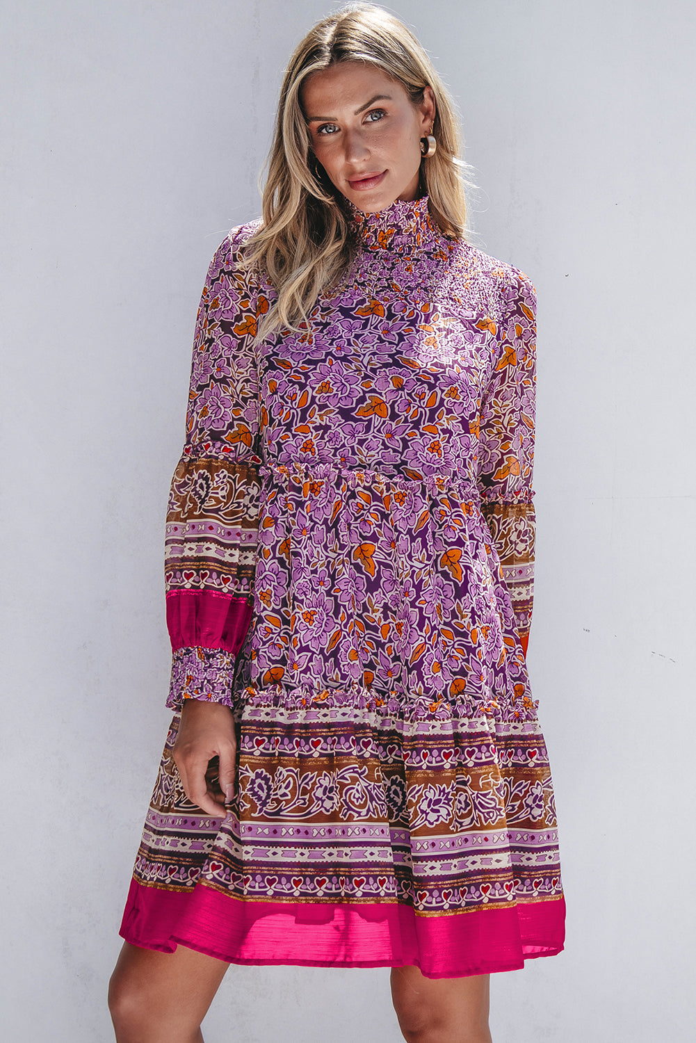 Purple Floral Smocked Puff Sleeve High Neck Mini Dress | Women