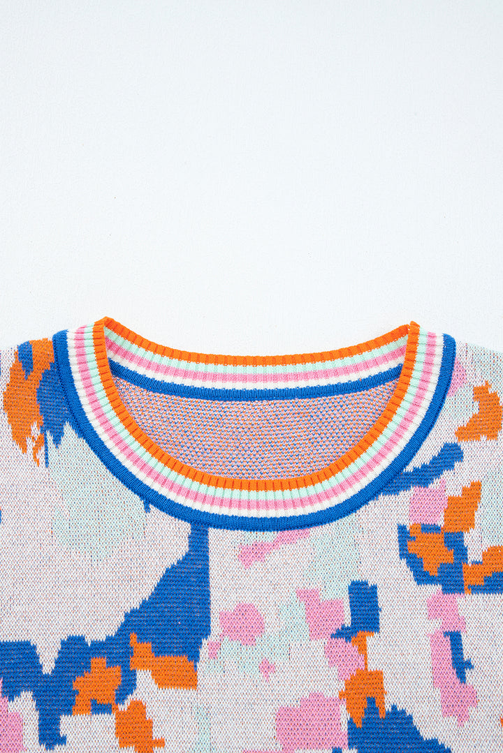Apricot Abstract Pattern Knit Contrast Striped Trim Short Sleeve Sweater