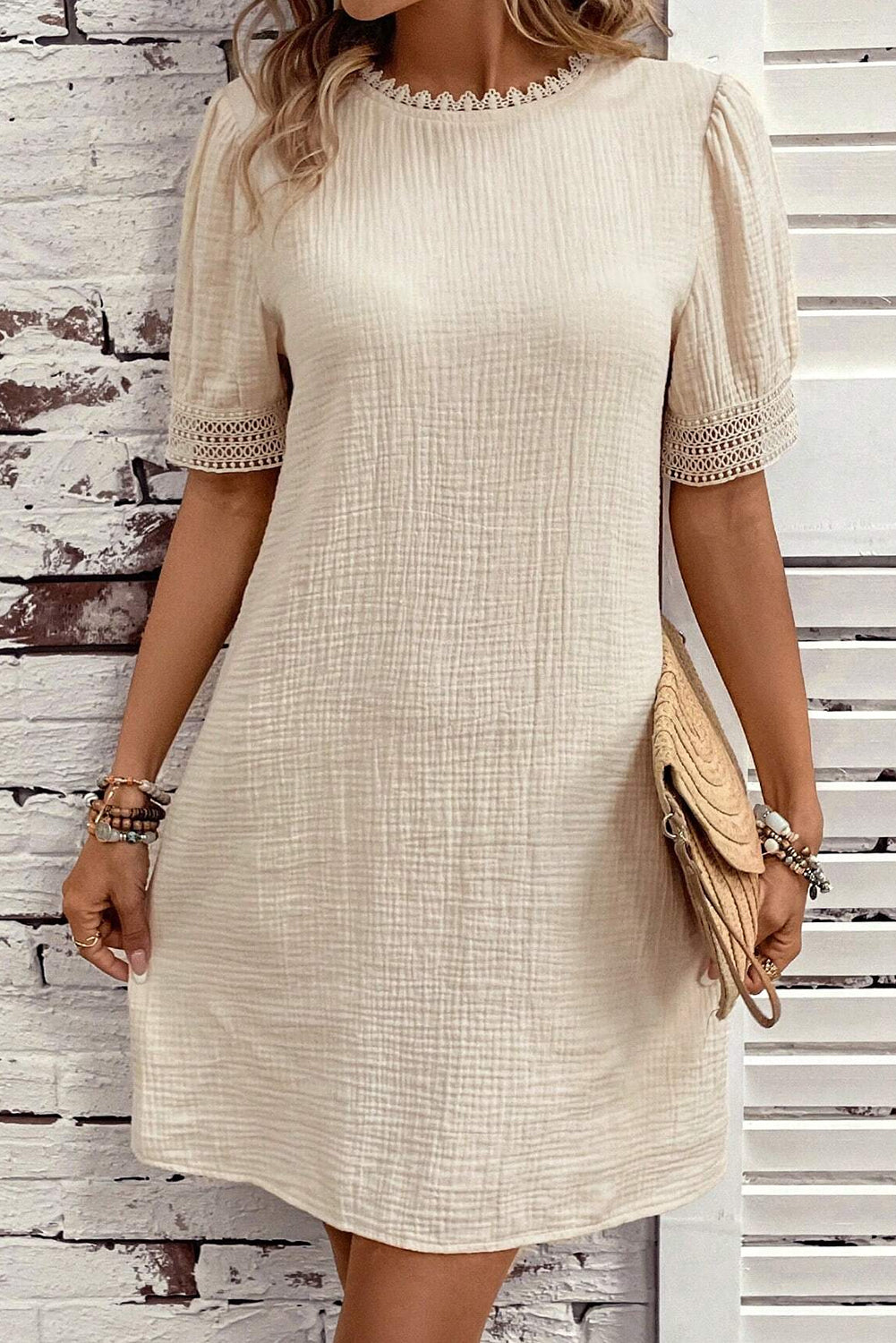 Beige Crinkle Lace Trim Puff Sleeve Shift Cotton Mini Dress
