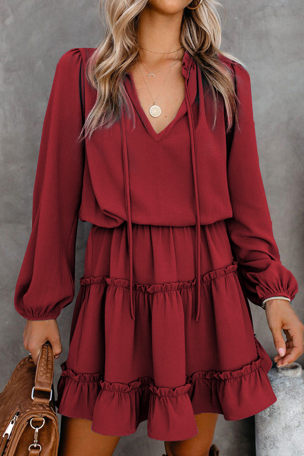 V Neck Long Sleeve Ruffle Tiered Mini Dress | Women