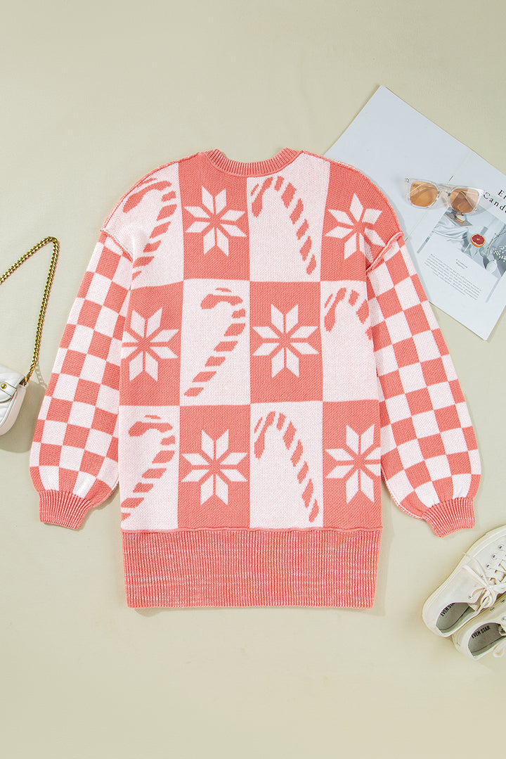 Pink Candycane Snowflake Checker Christmas Holiday Drop Shoulder Tunic Loose Sweater
