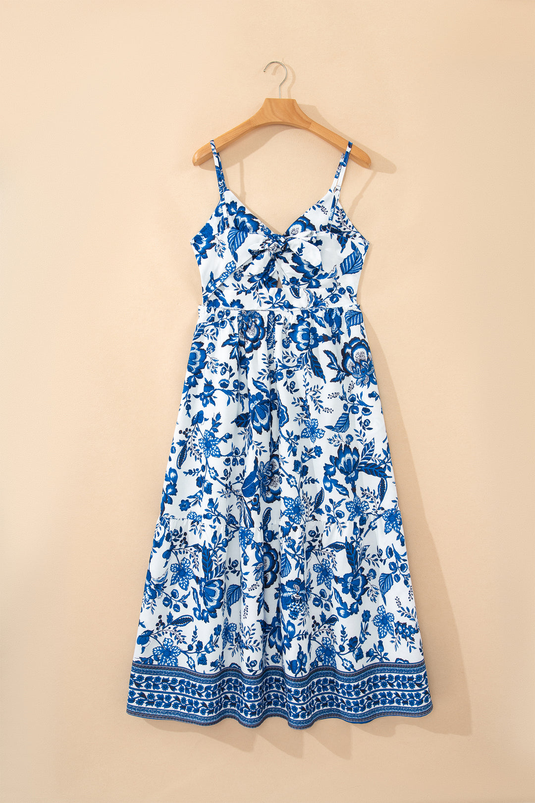 Sky Blue Twisted Bust Spaghetti Straps Backless Floral Maxi Dress