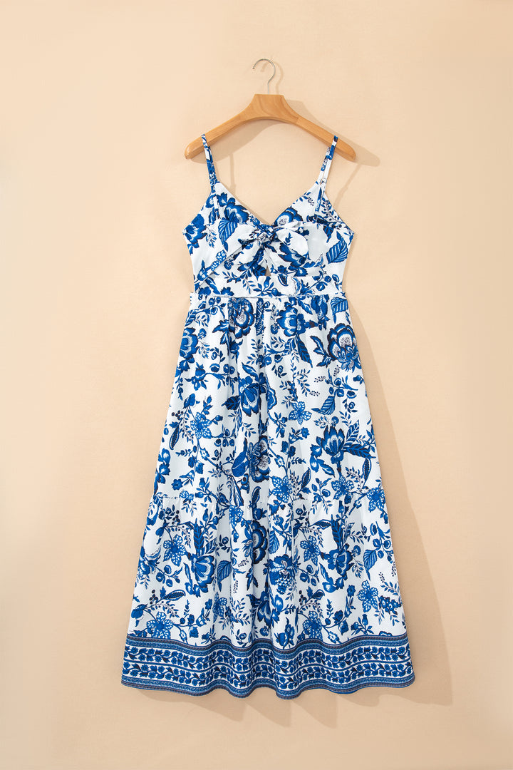 Sky Blue Twisted Bust Spaghetti Straps Backless Floral Maxi Dress