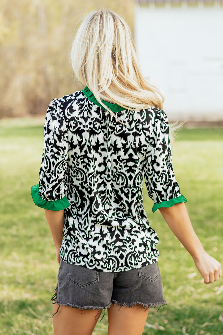 Black Damask Print Ruffled Color Block Detail Half Sleeve Blouse