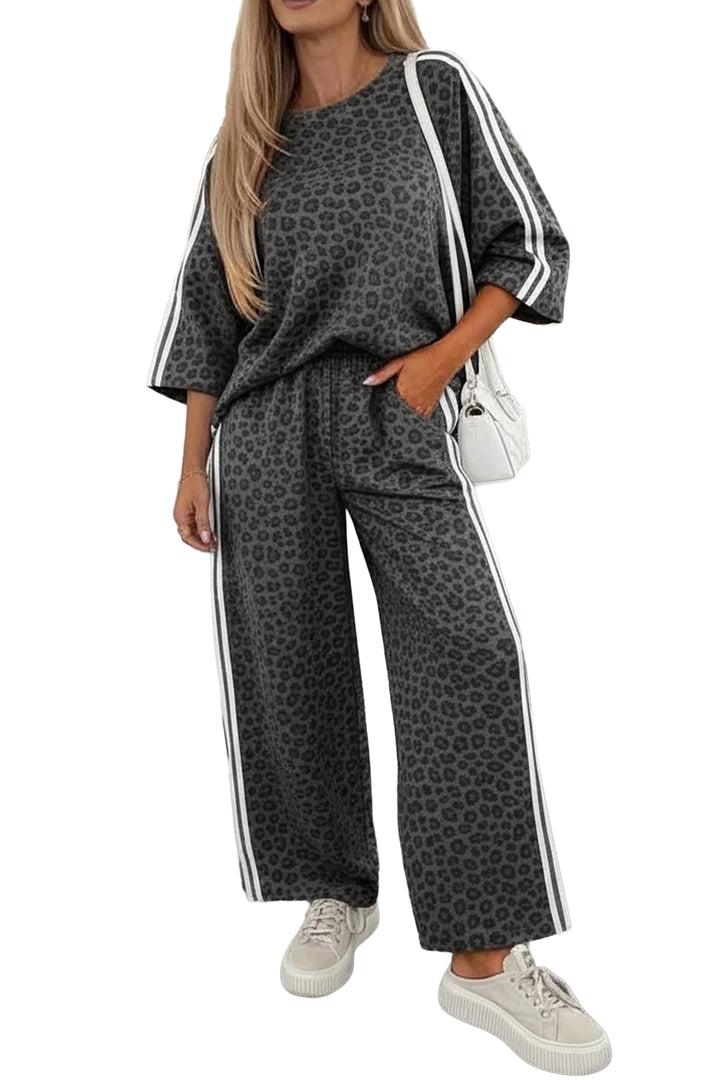 Pink Leopard Print Varsity Striped Detail 3/4 Sleeve Top Shift Pant Set