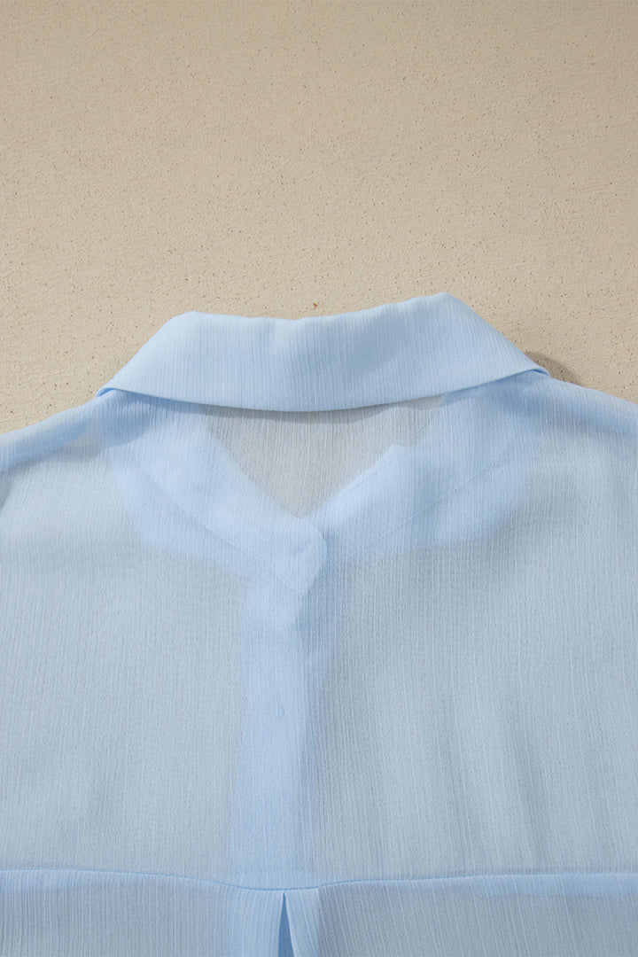 Beau Blue Sheer Tunic Shirt Drawstring Shorts 2pcs Swim Cover Up