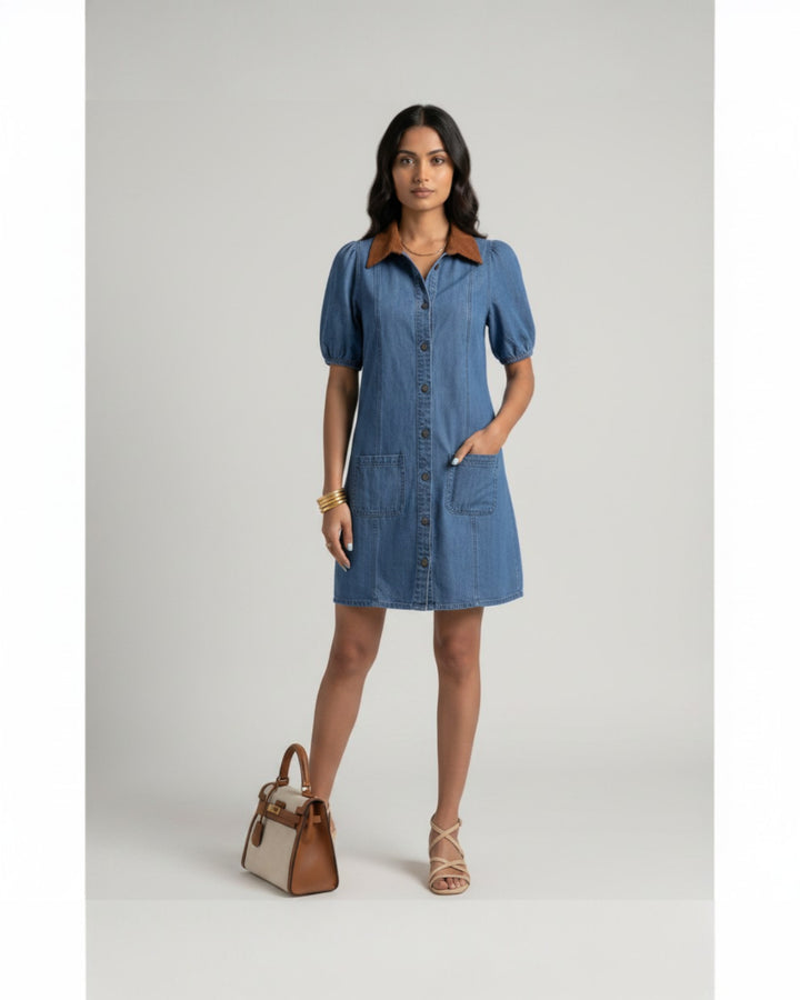 Errabelly blue denim midi dress with puff sleeves, contrasting collar, button front, and patch pockets.