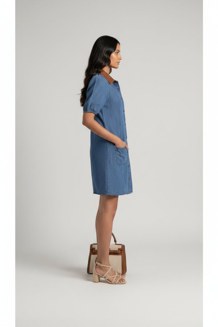 Blue Denim Short Puff Sleeve Color Block Shirt Collar Patchwork Mini Dress