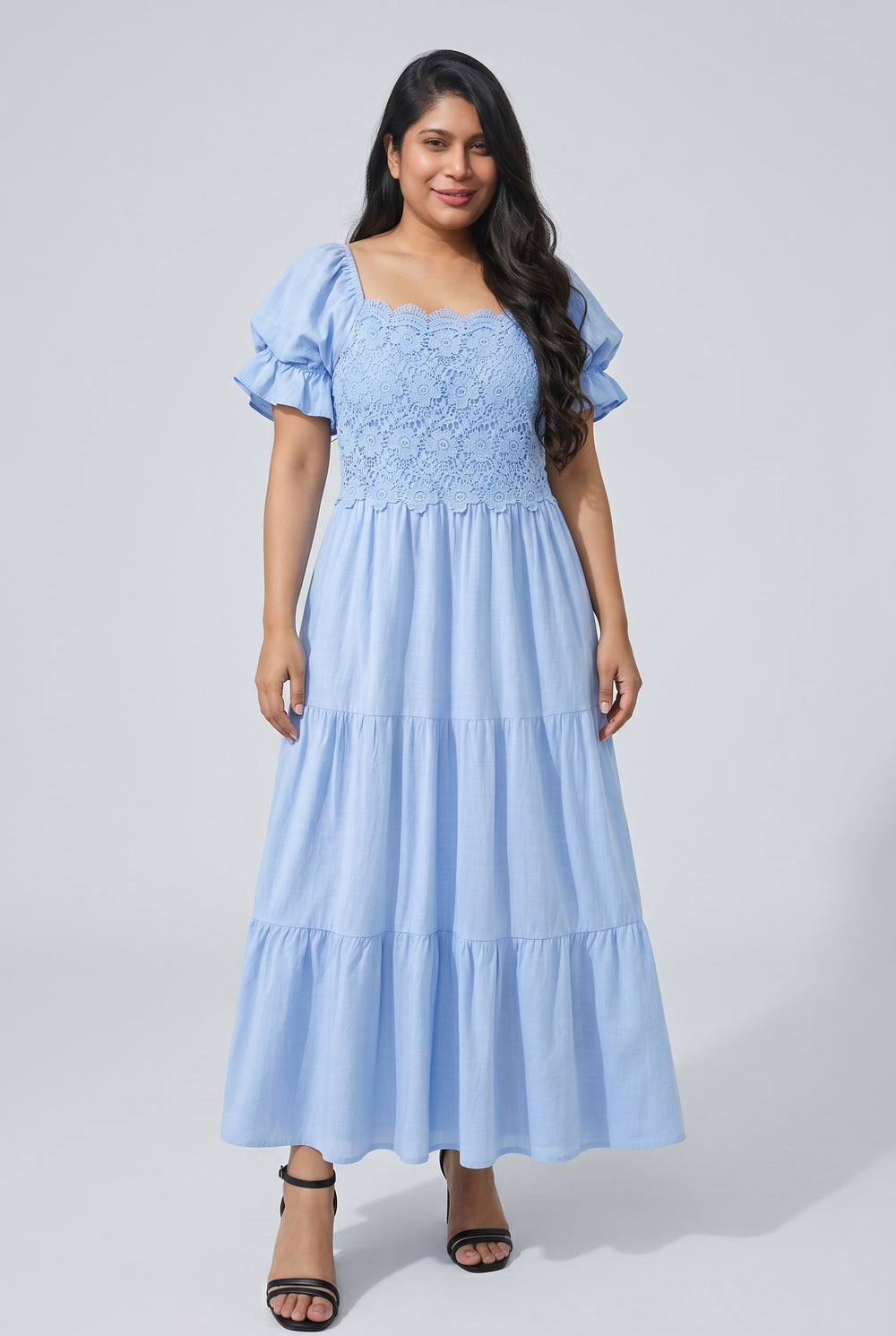 Errabelly light blue midi dress with short sleeves, square neck, lace bodice, and tiered skirt. Back tie detail.