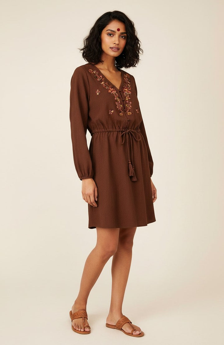 Errabelly brown mini dress with floral embroidery on the V-neck, tassel tie waist, and long sleeves.
